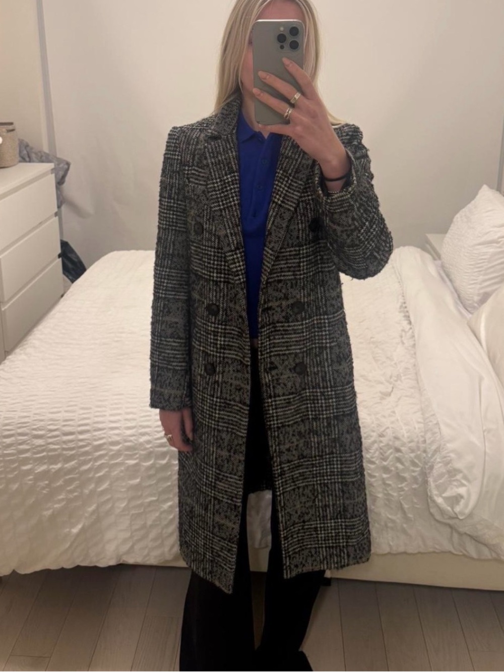 Zara Black & Gray Plaid Double-Breasted Long Coat